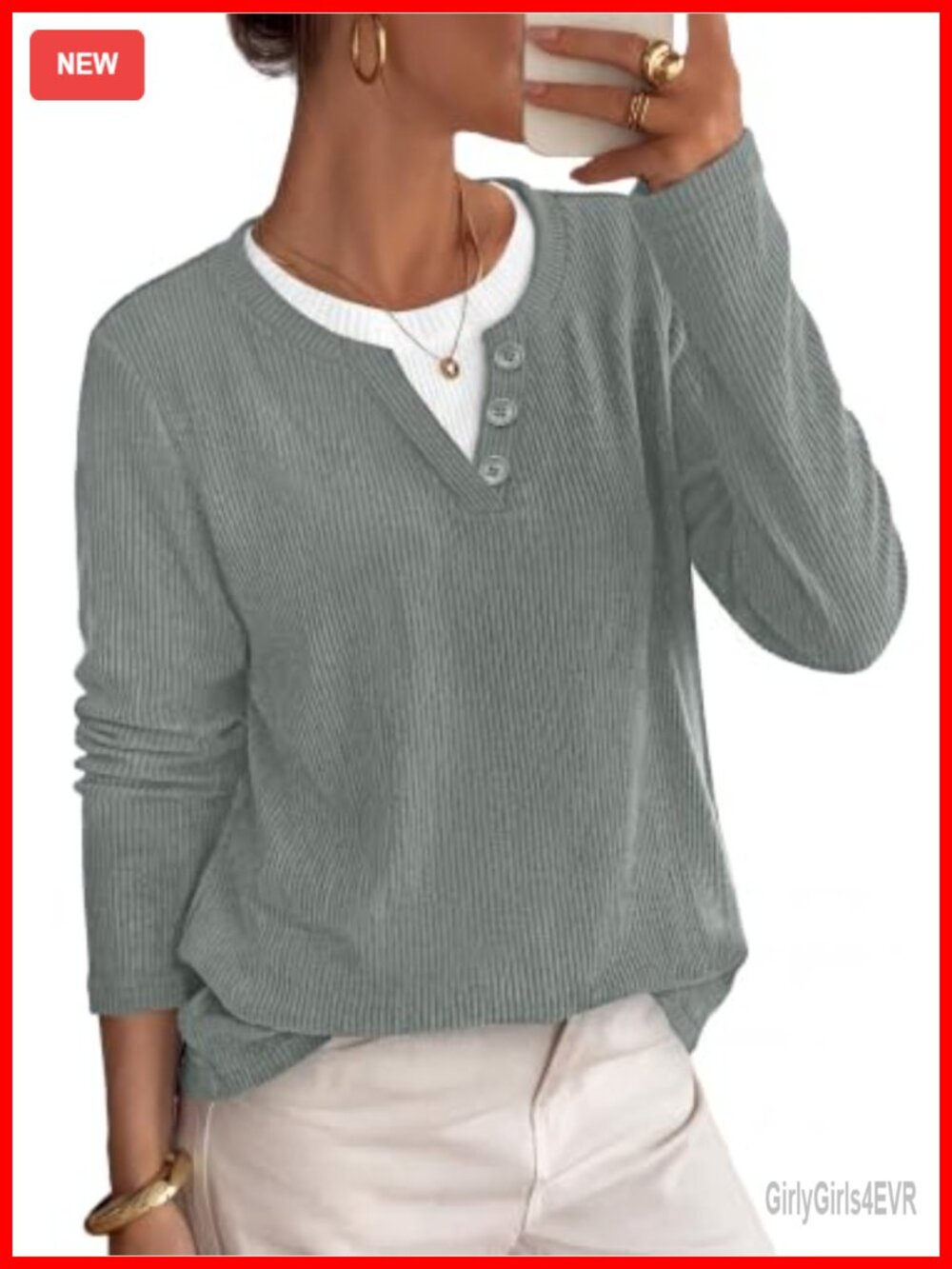 Womens Henley Tunic Top Long Sleeve Ribbed Knit Contrast Button Loose Fit